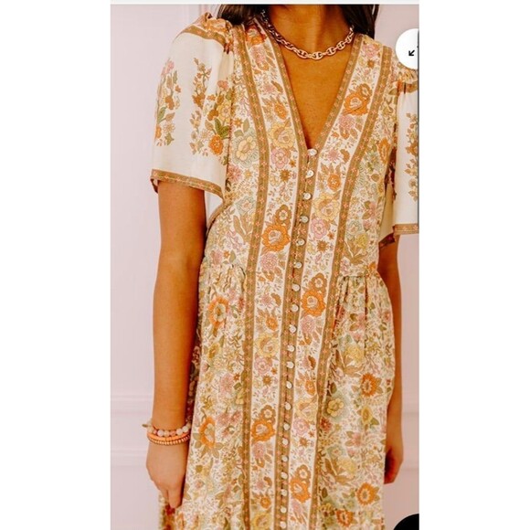 In Loom Boho Floral Midi Dress Cottage Core Dress Prarie Soho Beige Multi Sz S - Picture 2 of 12